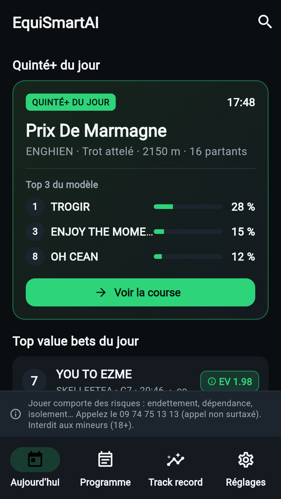 Application EquiSmartAI affichant les probabilités de victoire d'une course